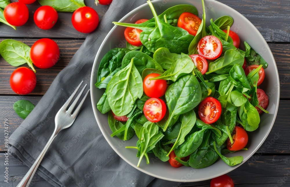 Spinach and Tomato Salad on Wooden Table Spinach and Tomato Salad on Wooden Table