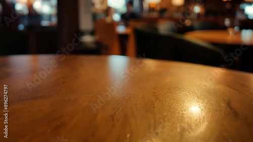 A wooden table with a blurry background. The table is surrounded by chairs and people. Scene is casual and relaxed