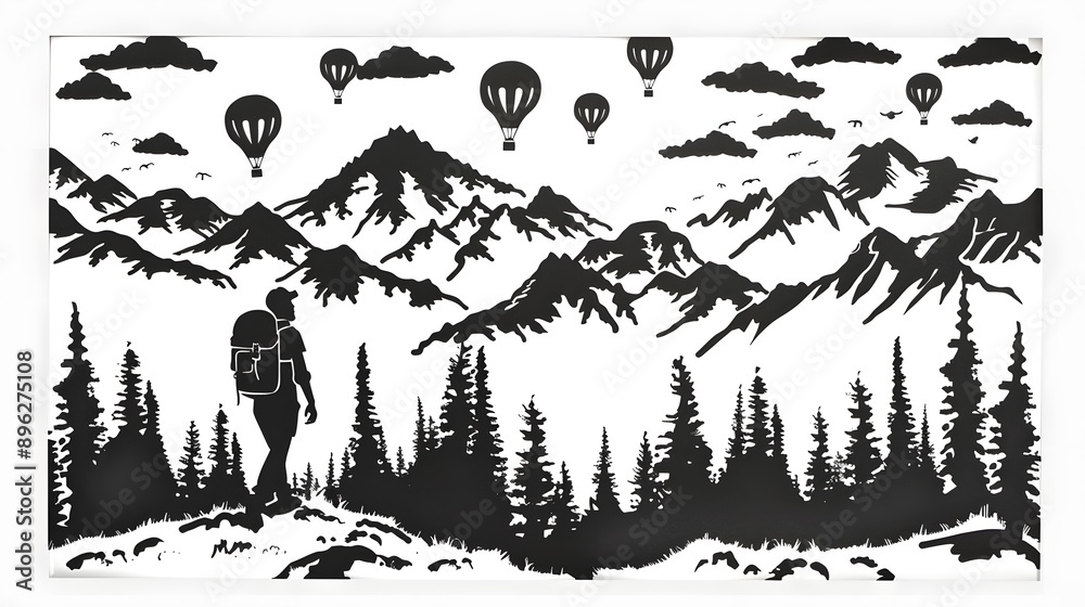 Obraz premium Spirit of adventure. Wall art design featuring hot air balloons, mountains and forests in the background. A man with a backpack is walking towards