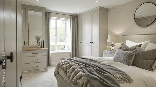 A lovely bedroom in a new exclusive home with beautifully fitted wardrobes with integral chest of drawers and mirror