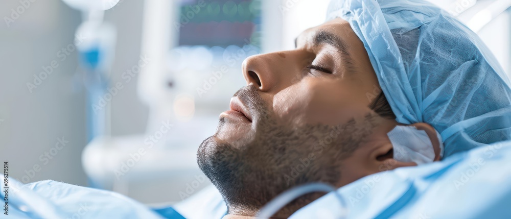 A patient recovering comfortably in a hospital room postsurgery, banner, with copy space A patient recovering comfortably in a hospital room postsurgery, banner, with copy space