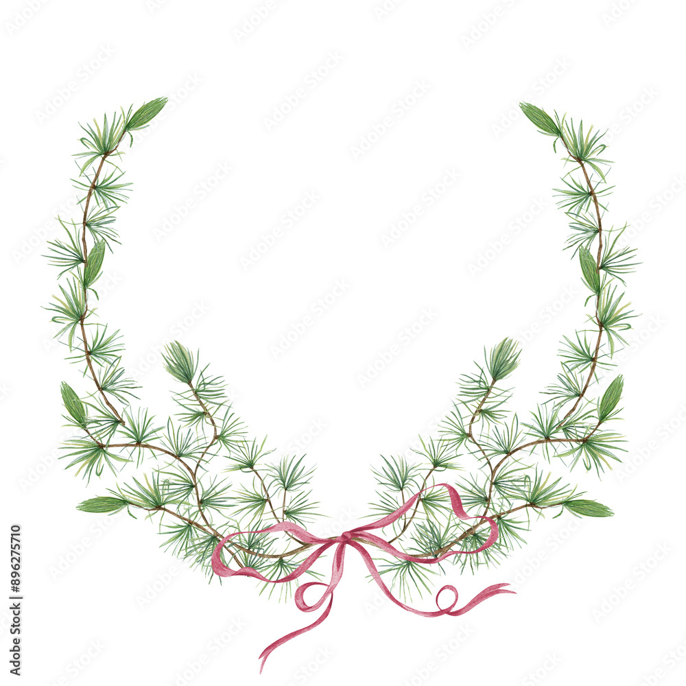Greenery and dusk pink bow. Beautifully designed wreath of larch branch. Watercolor illustration. Copy space for text. Xmas greeting card. For holiday designs, invitations, or decorative projects. Greenery and dusk pink bow. Beautifully designed wreath of larch branch. Watercolor illustration. Copy space for text. Xmas greeting card. For holiday designs, invitations, or decorative projects.