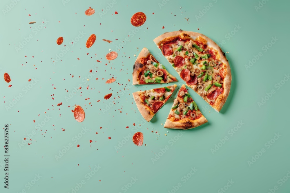 Fototapeta premium A pizza explosion with toppings flying off in all directions, banner, with copy space