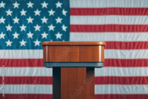 A podium with an American flag in the background, set up for a US presidential election speech, banner, with copy space