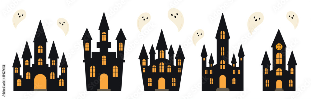 Castles with ghosts set isolated on white background. Happy Halloween holiday banner for web, postcards, flyers, etc. Flat style vector illustration Castles with ghosts set isolated on white background. Happy Halloween holiday banner for web, postcards, flyers, etc. Flat style vector illustration