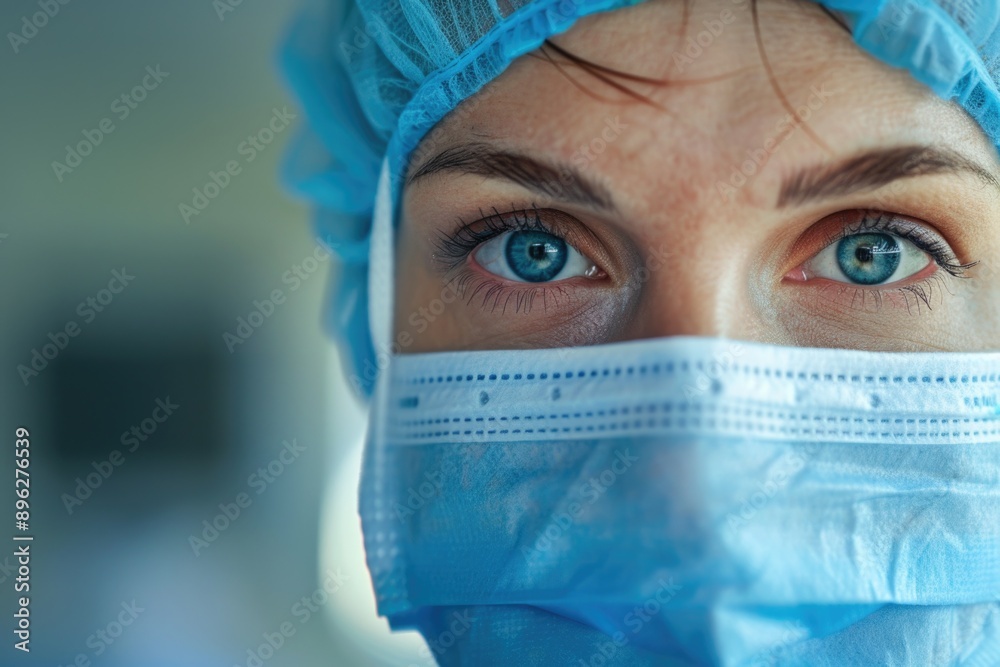 A woman wearing a surgical mask looks directly at the camera, displaying strength and determination amidst a challenging time A woman wearing a surgical mask looks directly at the camera, displaying strength and determination amidst a challenging time