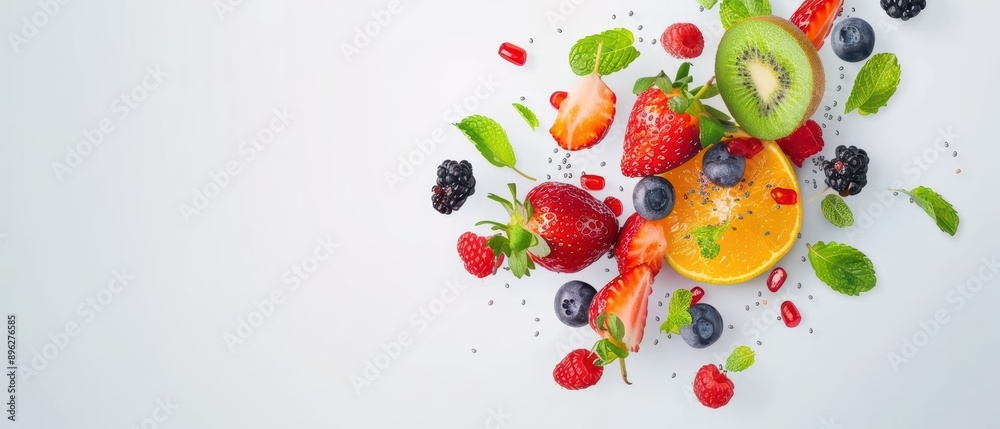 A smoothie explosion with vibrant ingredients flying out in a dynamic display, banner, with copy space A smoothie explosion with vibrant ingredients flying out in a dynamic display, banner, with copy space