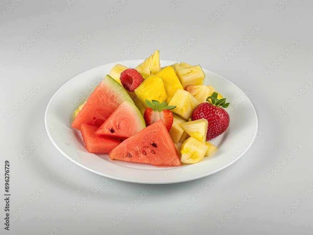 A plate of fruit with watermelon, strawberries, and pineapple A plate of fruit with watermelon, strawberries, and pineapple