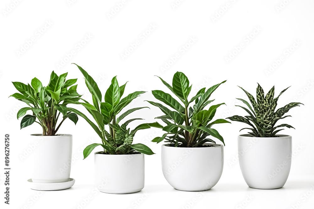 Four potted plants in white pots against white background Four potted plants in white pots against white background
