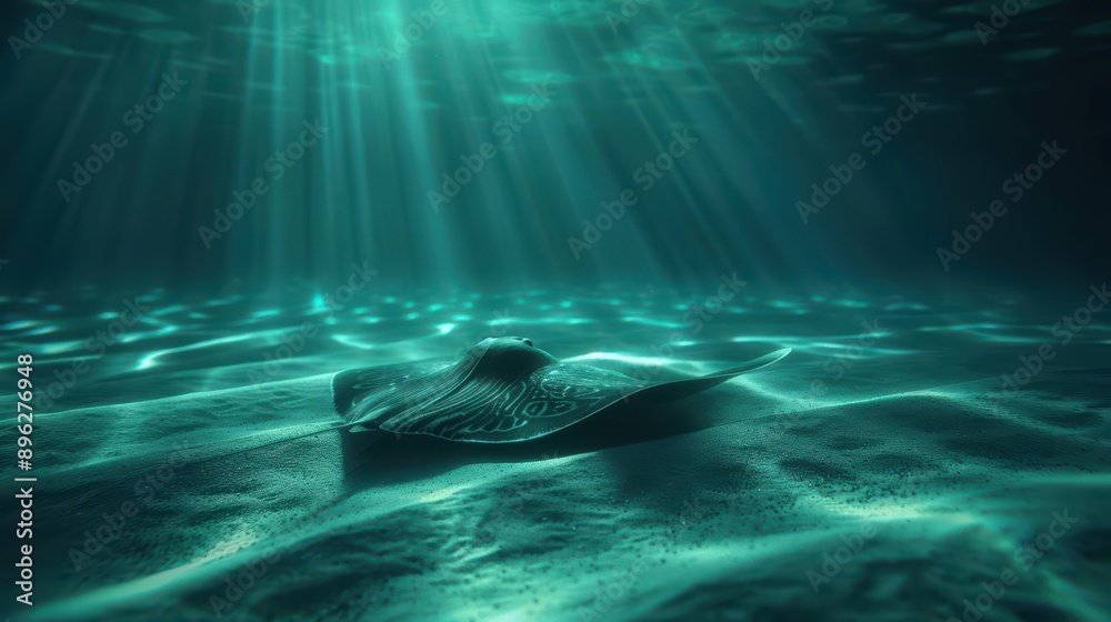 A stingray skims the illuminated ocean floor with ethereal grace in an ultramodern, supernatural scene banner with copy space A stingray skims the illuminated ocean floor with ethereal grace in an ultramodern, supernatural scene banner with copy space