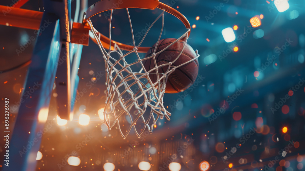 A ball going through the hoop and making a swish in the net scores a point in basketball. A ball going through the hoop and making a swish in the net scores a point in basketball.