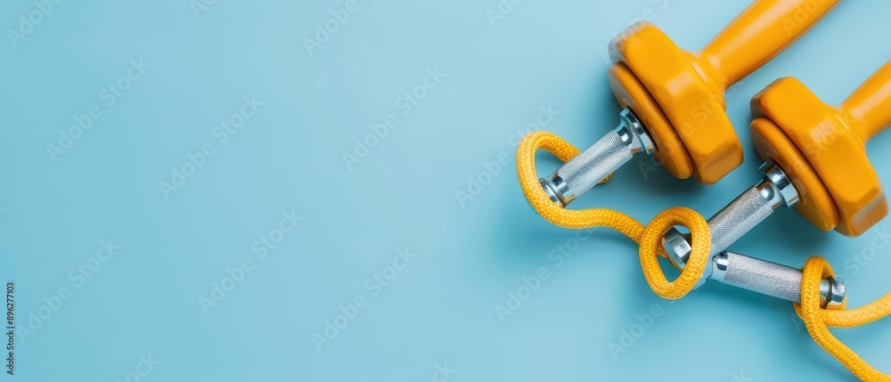 A strength training session with weights and resistance bands, banner, with copy space A strength training session with weights and resistance bands, banner, with copy space