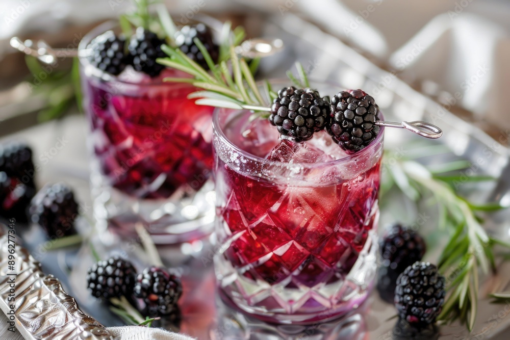 Two glasses of blackberry juice with a blackberry garnish on a tray