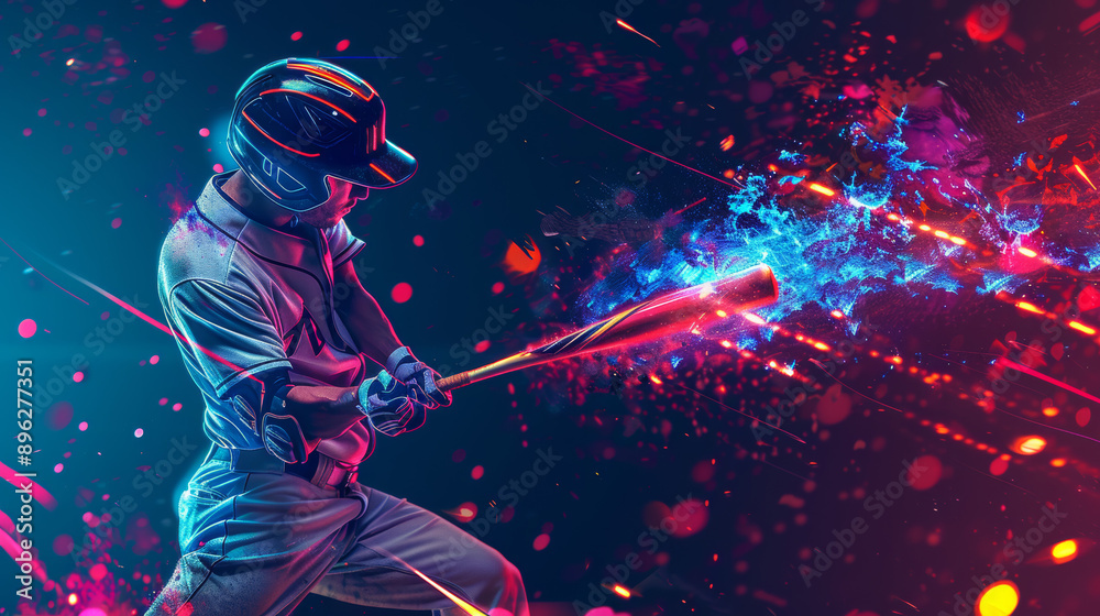 A baseball player swings the bat with great force. The background is dark with colorful neon shapes. The image represents art, creativity, sports, energy, and power. A baseball player swings the bat with great force. The background is dark with colorful neon shapes. The image represents art, creativity, sports, energy, and power.