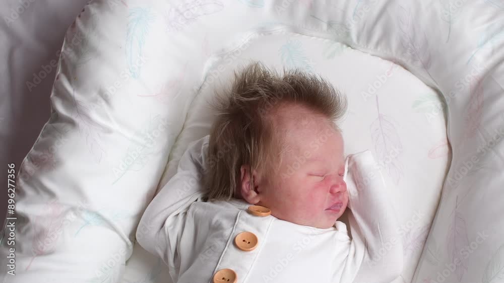 Newborn baby girl sleeping in a baby lounger. One week old baby napping in a baby nest Newborn baby girl sleeping in a baby lounger. One week old baby napping in a baby nest
