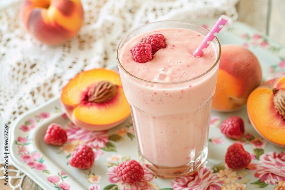 A glass of pink raspberry smoothie sits on a tray with a few slices of peach A glass of pink raspberry smoothie sits on a tray with a few slices of peach