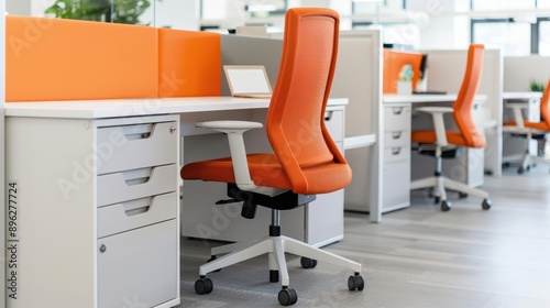 A vibrant modern office with creative decor and flexible workstations, banner, with copy space