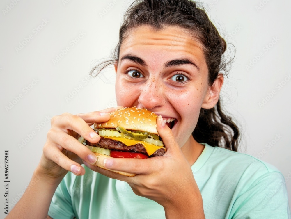 A woman is eating a hamburger with a big smile on her face A woman is eating a hamburger with a big smile on her face
