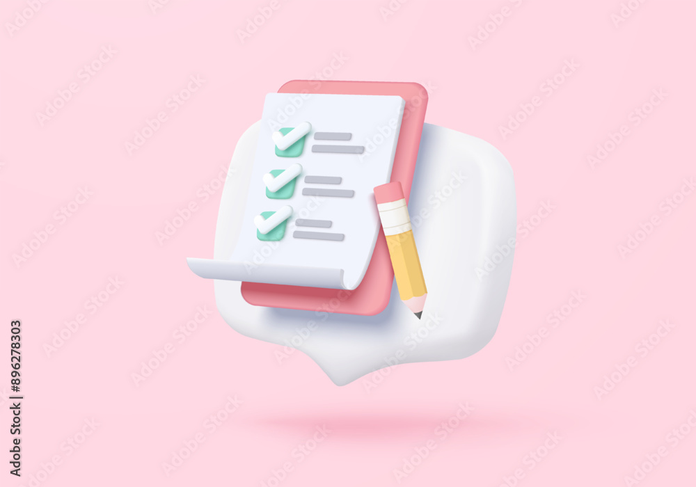 3d white clipboard task management todo check list, assignment and exam checklist  with pencil icon, efficient work on project plan, fast progress, level up concept. 3d todo check icon vector render