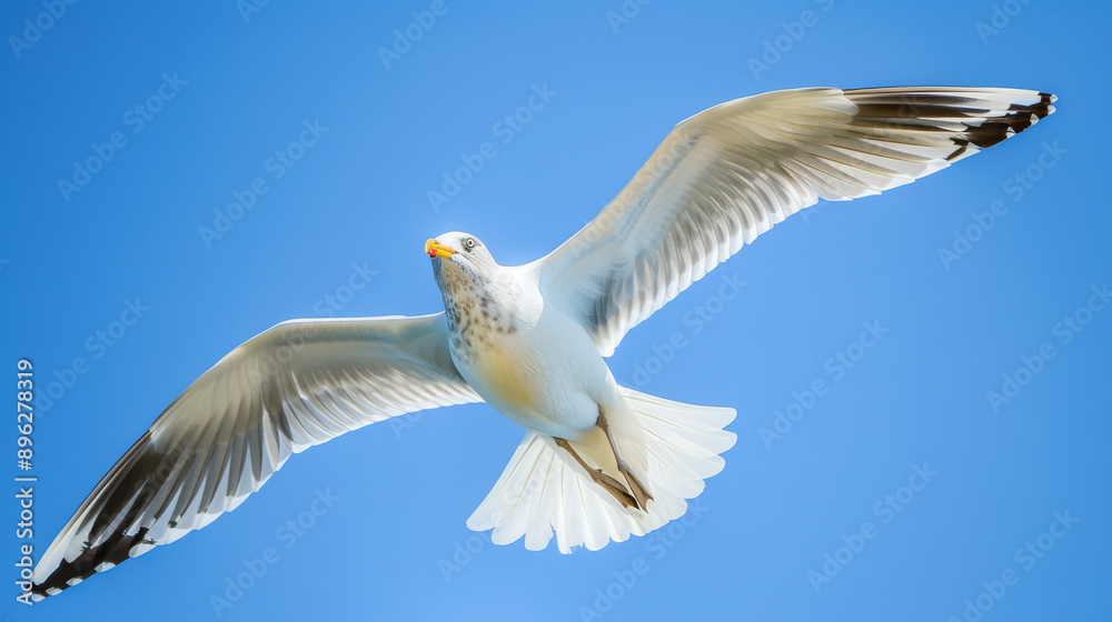 Fototapeta premium Seagull soaring in clear blue sky, low