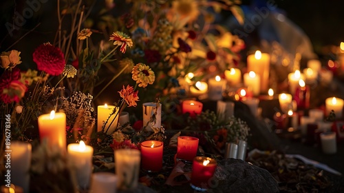 A makeshift memorial vigil with various size candles and flowers at night