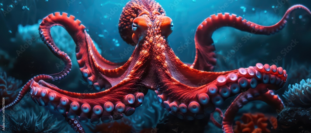 Obraz premium An octopus is depicted with glowing, outstretched tentacles in a mesmerizing underwater scene in an ultramodern, supernatural scene banner with copy space