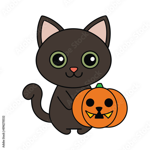 Halloween cat with pumpkin vector illustration.