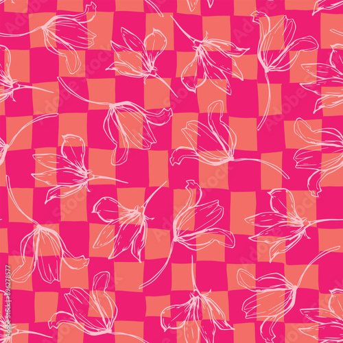 Grid floral seamless repeat pattern. Random placed, vector botany plants aop, all over surface print on pink and orange check background.