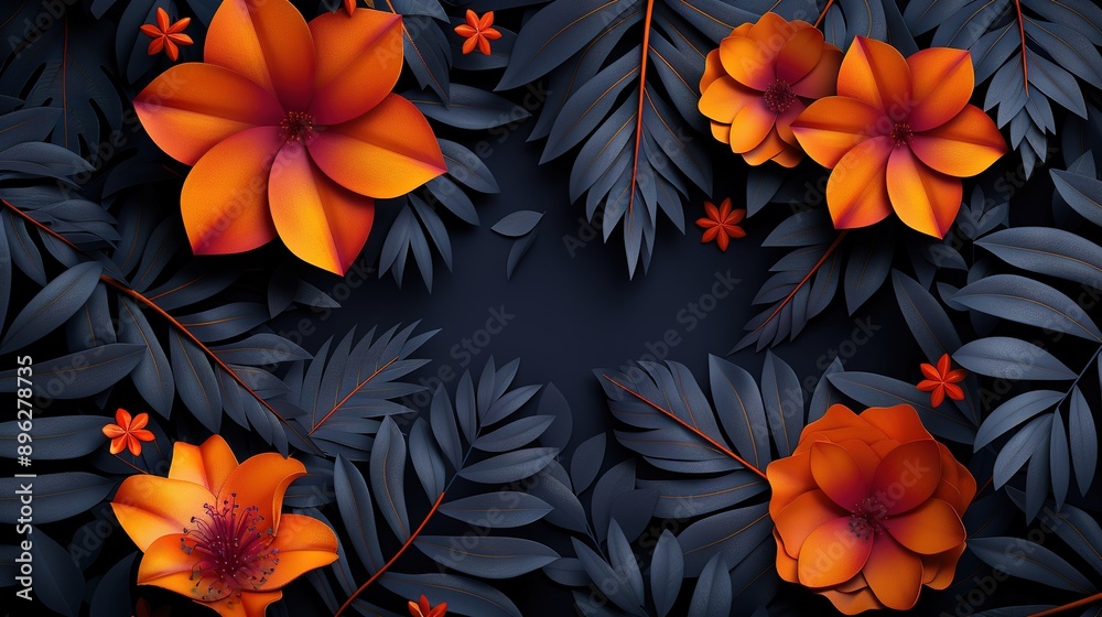 Black background with orange flowers and leaves Black background with orange flowers and leaves
