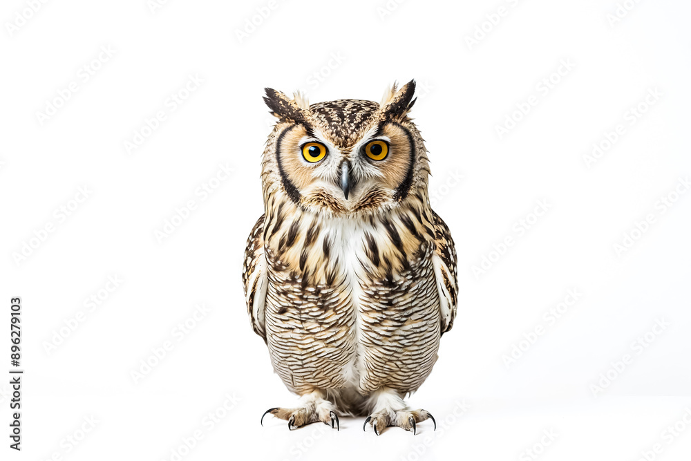 Obraz premium Owl with Yellow Eyes Looking Straight Ahead Isolated on White Background