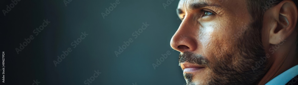 Obraz premium A businessman in expectation, leaning forward with anticipation in a minimalist office with a blank background, closeup shot, high contrast lighting, expressive portrait style