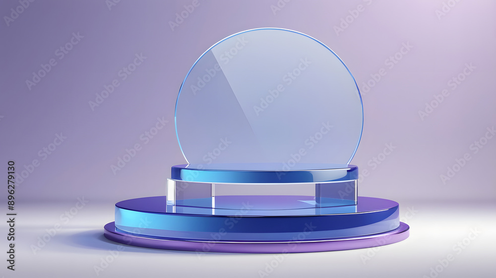 Podium glass 3D background display blue platform product transparent stand. Glass 3D light podium scene stage water crystal ad cosmetic shape cube white clear presentation clean circle purple drop.