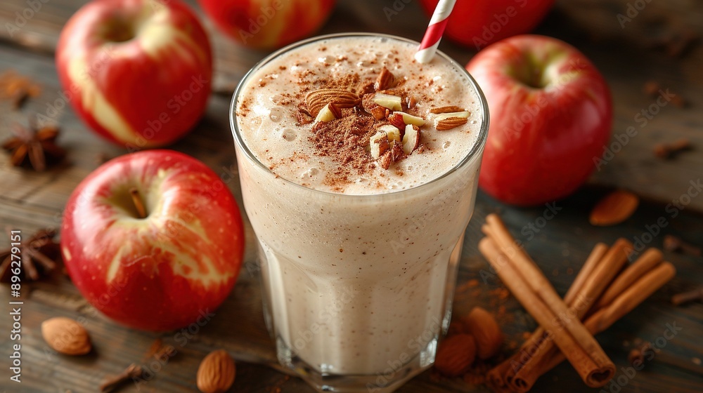 Close-up photo of drink in glass on wooden table surrounded by apples and cinnamons in the backdrop Close-up photo of drink in glass on wooden table surrounded by apples and cinnamons in the backdrop