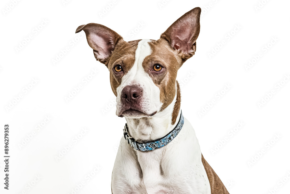 Portrait of a brown and white pit bull terrier dog wearing a blue collar Portrait of a brown and white pit bull terrier dog wearing a blue collar