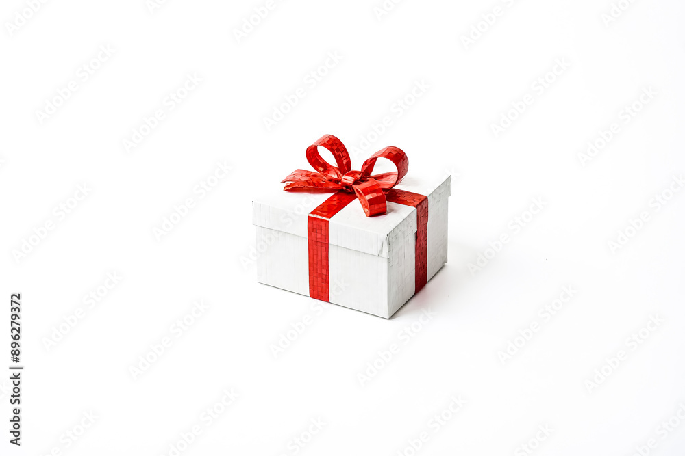 White Gift Box with Red Ribbon on White Background