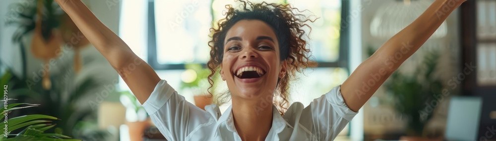 A businesswoman in excitement, raising her hands in joy during a presentation in a modern office with a blank background, closeup shot, sharp focus, professional portrait style A businesswoman in excitement, raising her hands in joy during a presentation in a modern office with a blank background, closeup shot, sharp focus, professional portrait style