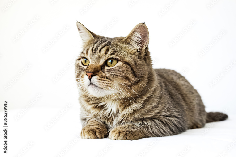 Tabby cat looking to the side, lying down on a white background