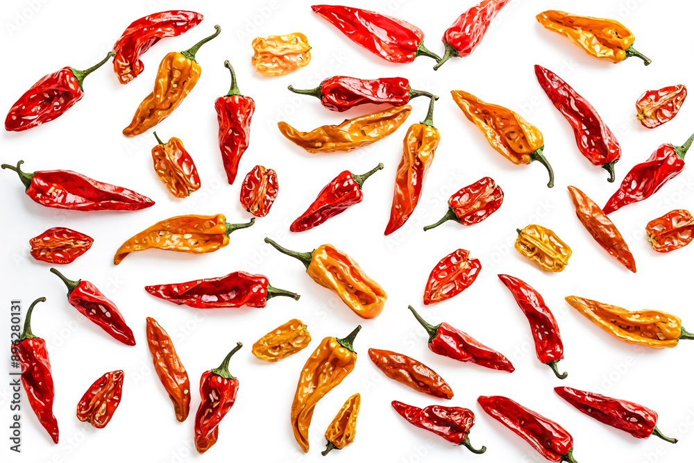 Dried red and yellow chili peppers scattered on white background Dried red and yellow chili peppers scattered on white background