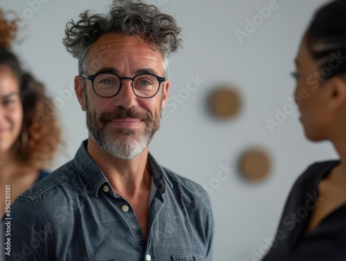 A team of colleagues displaying adoration, looking admirably at a leader in a minimalist office with a blank background, medium shot, soft lighting, candid photography style photo
