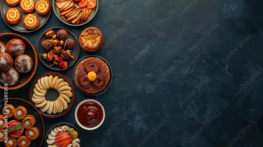 Tapas are depicted with radiant, bitesized delicacies arranged on luminous plates in an ultramodern, supernatural scene banner with copy space Tapas are depicted with radiant, bitesized delicacies arranged on luminous plates in an ultramodern, supernatural scene banner with copy space