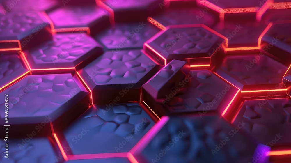 Neon hexagons background. Ai generation.