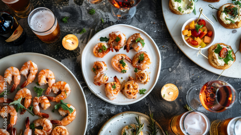 A dinner party with small portions of shrimp appetizers, along with beer, wine, and other drinks, is served on a decorated table. A dinner party with small portions of shrimp appetizers, along with beer, wine, and other drinks, is served on a decorated table.