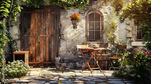 Fototapeta Naklejka Na Ścianę i Meble -  A quaint pretty garden scene with rustic patio furniture