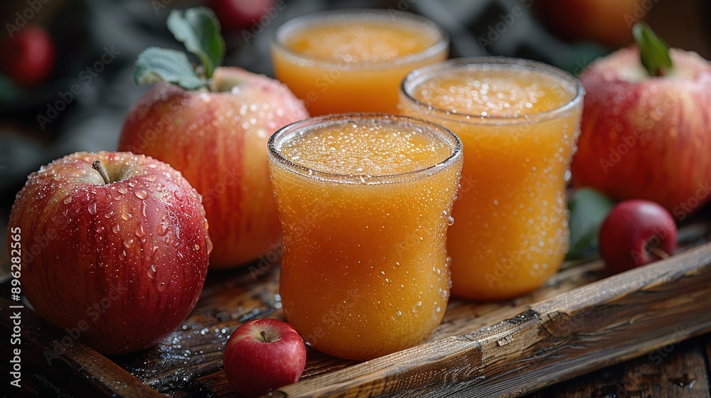 Wooden tray, orange juice in 3 glasses, 2 red apples beside each other Wooden tray, orange juice in 3 glasses, 2 red apples beside each other