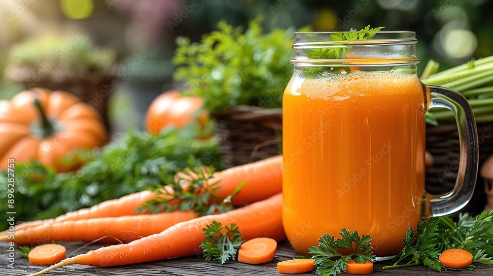 Orange juice in mason jar, carrots & parsley surrounding it on wooden table Basket of carrots in background Orange juice in mason jar, carrots & parsley surrounding it on wooden table Basket of carrots in background