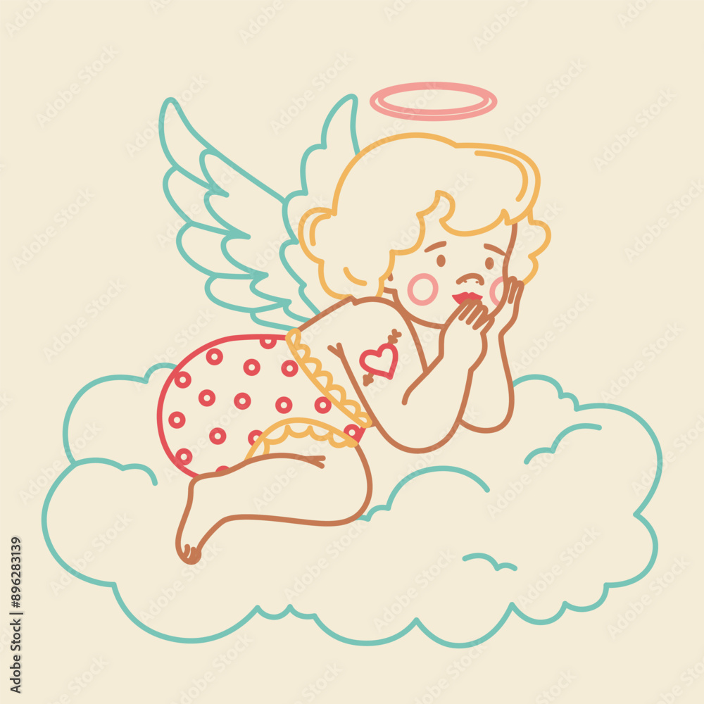 Cute baby cherub with wings flying on the cloud. Little cupid with heart and tattoo in trendy retro style. Romantic print, Valentine's day print. Cute baby cherub with wings flying on the cloud. Little cupid with heart and tattoo in trendy retro style. Romantic print, Valentine's day print.