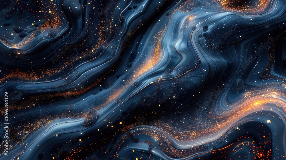A close-up abstract artwork showcases intricate gold and blue swirls and dots on a black canvas, accented with shimmering celestial stars A close-up abstract artwork showcases intricate gold and blue swirls and dots on a black canvas, accented with shimmering celestial stars