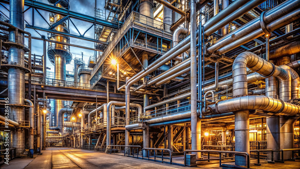 Massive industrial structure with labyrinthine network of pipes, valves, and machinery, conveying a sense of heavy industry and manufacturing power. Massive industrial structure with labyrinthine network of pipes, valves, and machinery, conveying a sense of heavy industry and manufacturing power.