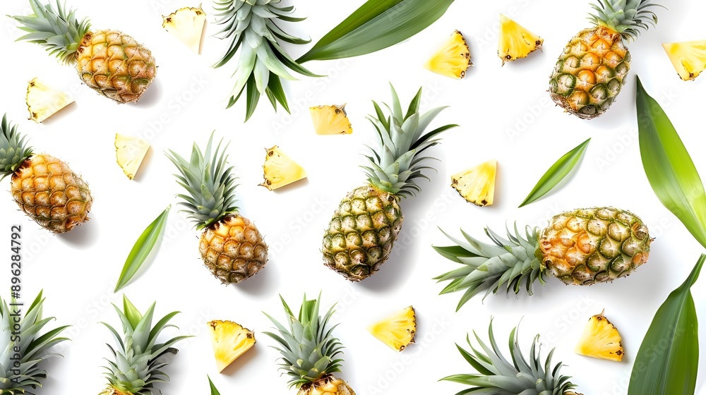 Whole and sliced pineapples with green leaves scattered on a white background Whole and sliced pineapples with green leaves scattered on a white background