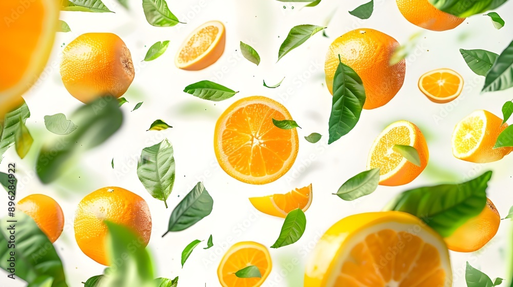 Oranges and sliced segments arranged neatly with green leaves on a white background, emphasizing their juicy freshness. Oranges and sliced segments arranged neatly with green leaves on a white background, emphasizing their juicy freshness.